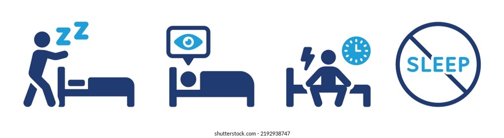 Sleep disorder with insomnia, sleepwalk and sleepless night vector icon set illustration.