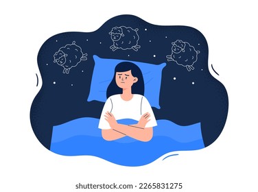 Sleep disorder, insomnia, and stress symptom. Young tired woman lying in bed and counting sheep to fall asleep. Vector flat illustration isolated on white background.