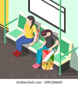 Sleep disorder isometric background with tired woman during nap in metro carriage vector illustration