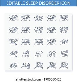 Iconos de la línea de desorden de sueño ajustados. Apnea e insomnio. Concepto de sueño saludable. Tratamiento de problemas de sueño. Atención de la salud. Síntomas y causas de alteración del sueño. Isolación de ilustraciones vectoriales editables