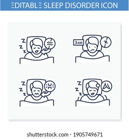  Sleep disorder line icons set. Healthy sleeping concept. Symptoms and types disorders sleep. Falling asleep trouble. Stress. Health care. Isolated vector illustrations. Editable stroke 