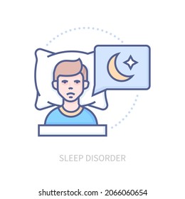 Sleep disorder - modern line design style icon on white background. Image of a man suffering from insomnia. Night, pillow, moon, bed. Problems with relaxation and rest, daily routine violation.