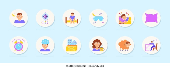 Sleep disorder set icon. Insomnia, dreamcatcher, tired person, mask, sleep pain, pillow, alarm, melatonin, caffeine, sheep, sleep at desk.