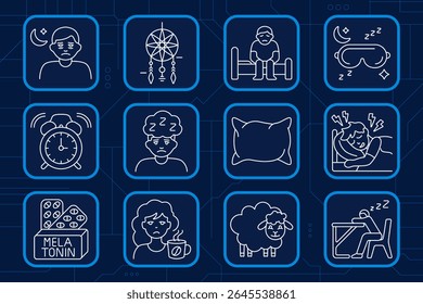 Sleep disorder set icon. Insomnia, dreamcatcher, person sitting on bed, sleeping mask, alarm clock, fatigue, pillow, pain in sleep, melatonin, caffeine, sheep, desk nap, poor sleep quality