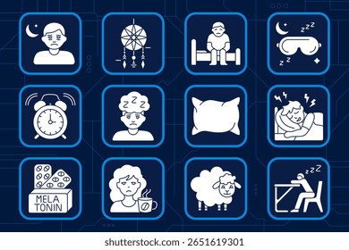 Ícone de transtorno do sono. Insônia facial, caçador de sonhos, pessoa na cama, máscara de sono, alarme, cabeça sonolenta, travesseiro, noite dolorosa, melatonina, sem cafeína, ovelha, sono de mesa, repouso perturbado