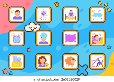 Sleep disorder set icon. Sleepy man, dreamcatcher, sitting on bed, sleeping mask, alarm clock, cloud head, pillow, painful sleep, melatonin pills, no caffeine, sheep, desk nap