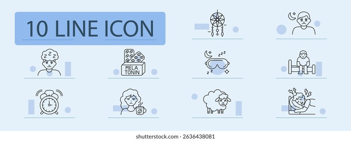 Sleep disorder set icon. Tired face, melatonin pills, dreamcatcher, insomnia, sleeping mask, alarm clock, morning coffee, sheep, restless sleep, fatigue, night, wellness.