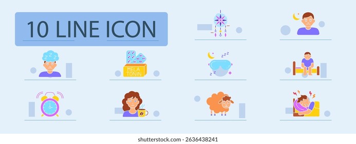 Sleep disorder set icon. Tired person, melatonin, dreamcatcher, insomnia, sleep mask, bedtime, alarm, fatigue, coffee, sheep, restless sleep, schedule.