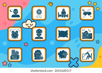 Sleep disorder set icon. Tired man, dreamcatcher, sitting on bed, sleep mask, alarm clock, sleepy face, pillow, pain during sleep, melatonin, no caffeine, sheep, desk nap