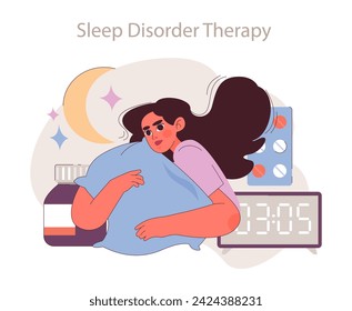 In: Sleep Disorder Therapy Illustration. Sanfte Reise durch nächtliche Herausforderungen. Weg zu erholsamen Nächten und ruhigen Träumen.