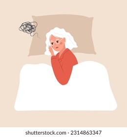 Sleep disorder. Tired elderly woman suffer from insomnia. Sleepless female character lying in bed and thinking about problems. Vector illustration in flat cartoon style. Menopause concept.