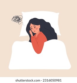 Sleep disorder. Tired and upset woman suffer from insomnia. Sleepless girl lying in bed and thinking about problems. Vector illustration in flat cartoon style. Pregnancy or menopause.