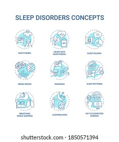 Sleep disorder turquoise concept icons set. Nightmares and night terrors. Heart rate monitor. Health problem idea thin line RGB color illustrations. Vector isolated outline drawings. Editable stroke