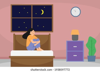 Sleep disorder vector concept: Depressed woman awake in the night, she is exhausted and suffering from insomnia