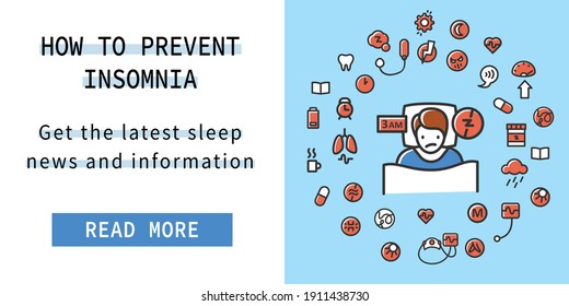 Sleep disorder web banner. How to prevent insomnia landing,web page layout template. Color icons set. Linear vector illustrations collection