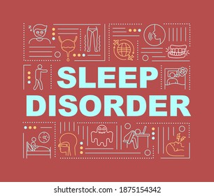 Sleep disorder word concepts banner. Nighttime rest and circadian rhythm problems. Infographics with linear icons on turquoise background. Isolated typography. Vector outline RGB color illustration