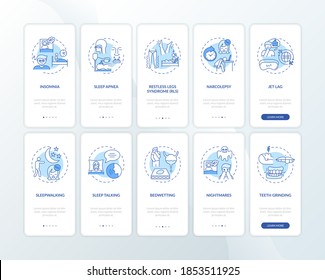 Sleep disorders blue onboarding mobile app page screen with concepts set. Health care. Insomnia symptoms walkthrough 5 steps graphic instructions. UI vector template with RGB color illustrations