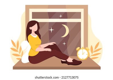 Sleep disorders concept. Girl sits by window at night and looks at moon. Wrong lifestyle, psychological problems. Broken daily routine and activity in evening. Cartoon flat vector illustration