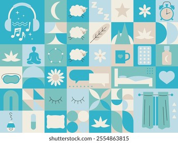 Sleep Disorders. Insomnia set, collection. Sleep deprivation. Sleep and mental disorder. Sleep hygiene and stages. Circadian rhythm maintaining