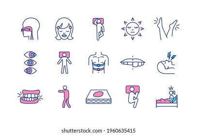 Sleep disorders RGB color icons set. Sleeplessness. Nose breathing. Sleep position. Chipped tooth. Electroencephalogram. Insomnia disorder. Restless legs. Bedwetting. Isolated vector illustrations