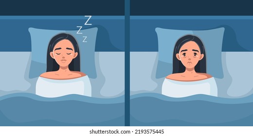 Sleep disturbance and healthy sleep. A sleeping and sleepless brunette girl with bags under her eyes. Vector illustration of a woman in bed. Insomnia. Flat style