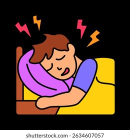 Sleep disturbance icon. Person in bed with lightning symbols above head, showing discomfort or restless sleep.