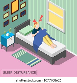 Sleep disturbance isometric background with woman awaking with head ache in home interior vector illustration  