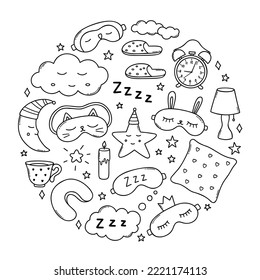 Sleep doodle set. good night symbols in sketch style. Hand drawn vector illustration isolated on white background
