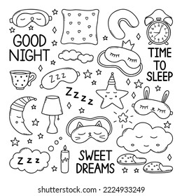 Sleep doodle set. good night symbols in sketch style. Hand drawn vector illustration isolated on white background