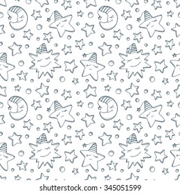 Sleep. Dream. Baby seamless pattern. Cartoon Sun, Moon (Crescent) and Stars. Hand Drawn Doodles illustration