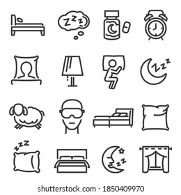 Sleep, dream, bed linear icon set isolated on white. Nap, eye mask, pillow, moon outline pictograms collection. Sleeping pills, alarm clock, sheep, insomnia vector elements for infographic, web.