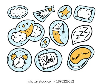 Sleep and dream doodle bubbles set. Hand drawn text and signs. Cartoon comic vector illustration.