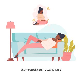 Sleep and dreams abstract concept. Young woman lies on soft sofa and dreams of music. Sound sleep, fantasy, desires and high melatonin. Relaxation and recovery. Cartoon flat vector illustration
