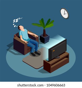 Sleep during watching tv, composition on blue grey background with man in chair, interior elements vector illustration