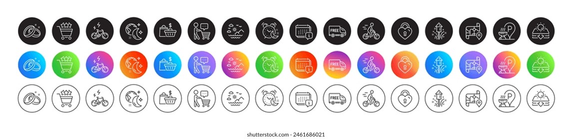 Sleep, E-bike and Sun protection line icons. Round icon gradient buttons. Pack of Love lock, Alarm, Calendar icon. Shopping rating, Cyclist, Fireworks pictogram. Sale bags, Wedding rings, Map. Vector