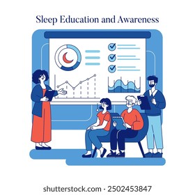 Sleep Education concept. Group of people attending a workshop on sleep patterns and health. Interactive learning session for better rest. Vector illustration.