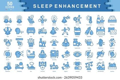 Sleep Enhancement blue icon collection set. Containing,Relaxation,Meditation, Comfort,Habits, Darkness,Aromatherapy,Yoga,Insomnia,Napping,Melatonin icon.Simple line vector.