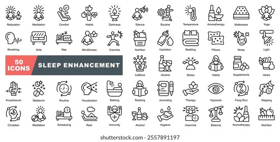 Sleep Enhancement icon collection set. Containing,Relaxation,Meditation, Comfort,Habits, Darkness,Aromatherapy,Yoga,Insomnia,Napping,Melatonin icon.Simple line vector.