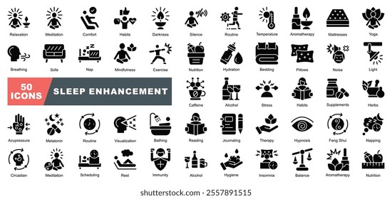 Sleep Enhancement icon collection set. Containing,Relaxation,Meditation, Comfort,Habits, Darkness,Aromatherapy,Yoga,Insomnia,Napping,Melatonin icon.Simple vector.