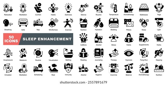 Sleep Enhancement icon collection set. Containing,Relaxation,Meditation, Comfort,Habits, Darkness,Aromatherapy,Yoga,Insomnia,Napping,Melatonin icon.Simple vector.