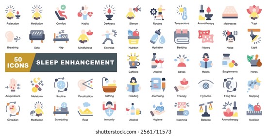 Sleep Enhancement icon collection set. Containing,Relaxation,Meditation, Comfort,Habits, Darkness,Aromatherapy,Yoga,Insomnia,Napping,Melatonin icon.Simple line vector.