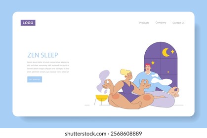 Sleep Enhancement Webpage Banner. A couple practices bedtime yoga, fostering restful sleep in a tranquil nighttime setting. Vector illustration.