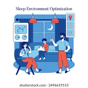 Sleep Environment Optimization concept. Family engaging in bedtime relaxation routines within a cozy, tech-monitored room. Vector illustration.