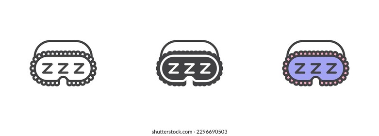 Máscara de ojos de suspensión conjunto de iconos de estilos diferentes. Línea, glifo y contorno relleno versión colorida, contorno y signo vectorial relleno. Símbolo, ilustración del logotipo. Gráficos vectoriales