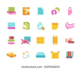 Sleep fabric icon set. Stickers with pillows and pillowcases, blankets and carpets, mattresses and sheets. Bathrobes and towels for hotels. Cartoon flat vector collection isolated on white background