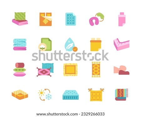 Sleep fabric icon set. Stickers with pillows and pillowcases, blankets and carpets, mattresses and sheets. Bathrobes and towels for hotels. Cartoon flat vector collection isolated on white background