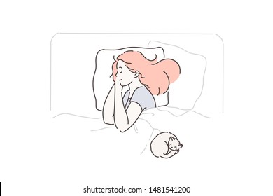 Sleep, fatigue, pleasure, favorite concept. Young, beautiful, calm, peaceful woman enjoys sleep in her comfortable bed. Cute girl resting after a working or school day with your pet. Simple flat vecto