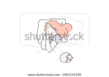 Sleep, fatigue, pleasure, favorite concept. Young, beautiful, calm, peaceful woman enjoys sleep in her comfortable bed. Cute girl resting after a working or school day with your pet. Simple flat vecto Foto d'archivio © 