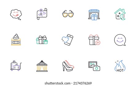 Sleep, Gift shop and Yummy smile line icons for website, printing. Collection of Heart, Shoes, Holiday presents icons. Sunglasses, Ice cream, Circus tent web elements. Photo camera, Map. Vector