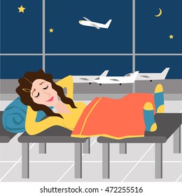 sleep girl at the airport on the seats.airport at night.situation at the airport.